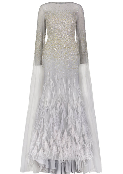 Powder • Sequin and feathers cape sleeves gown
