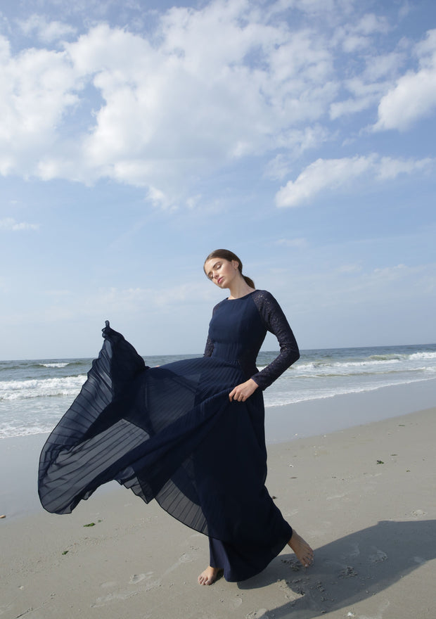 Gabrielle • Navy Pleated Chiffon and Lace