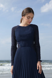 Gabrielle • Navy Pleated Chiffon and Lace