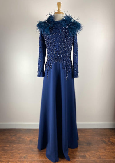 POWDER • Navy Beaded Gown with Feather Shoulders