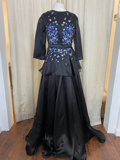 peplum satin dress Long Peplum Formal Dress with Three-Quarter Sleeves Navy / 16