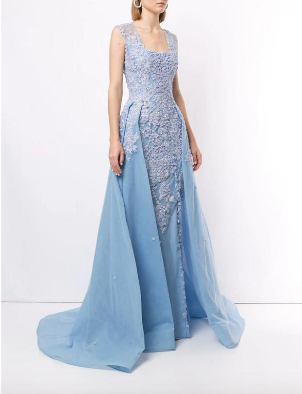 Saiid Kobeisy • Floral embroidered Light Blue Overskirt Gown