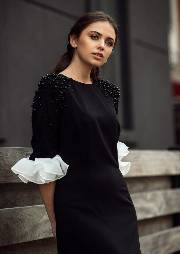 Gabrielle Black Gown with Sleeves pearls and side pleated insert Powder Couture Gabrielle Black Gown with Sleeves pearls and side pleated insert Powder Couture