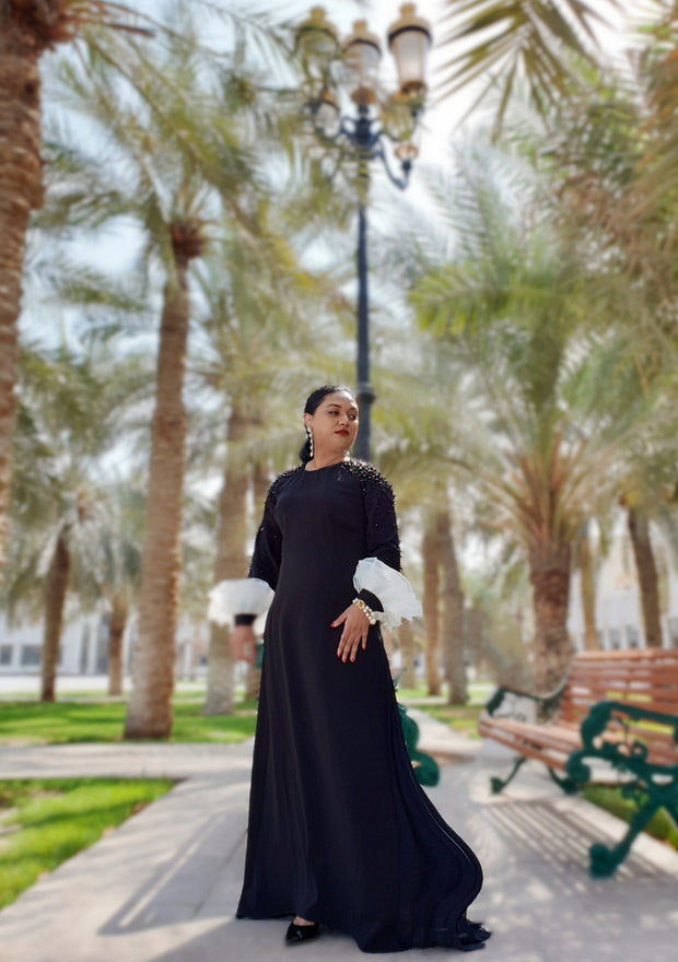 black dress with pearls on sleeves A Line Off Shoulder Pearls Long Sleeves Black Prom Party Dress with Slit US2 / Black